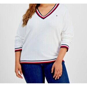 Tommy Hilfiger Women's Plus Size V-Neck Sweater Modern Casual Ivory off White 1X